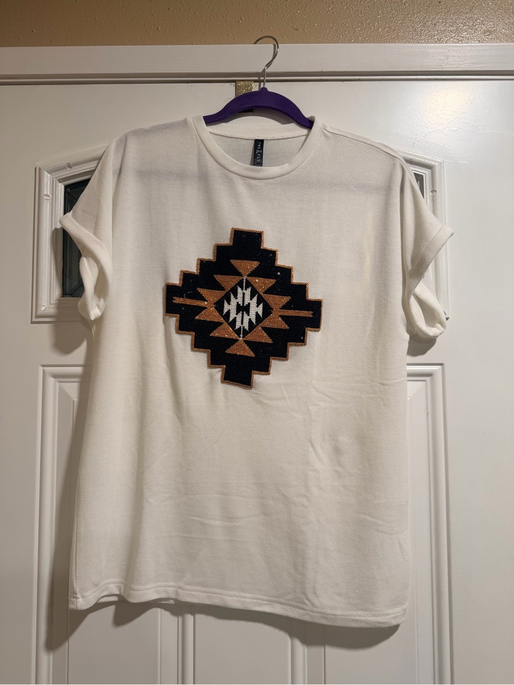Women’s White Short Sleeve Shirt with Geometric Patch